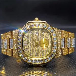 Gold Stainless Steel Luxury Diamond Quartz Watch Iced Out Men High Quality Crystal Watches Hip Hop Jewelry Wristwatch