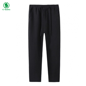 <span class=keywords><strong>Pantaloni</strong></span> Casual <span class=keywords><strong>100</strong></span>% estivi da <span class=keywords><strong>uomo</strong></span> in puro <span class=keywords><strong>lino</strong></span> a nove punte tinta unita comodo tessuto sottile con motivo dritto Logo sulla vita - Product Image 4