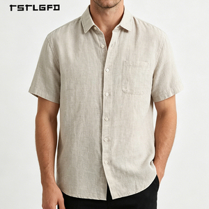 เสื้อเชิ้ตแขนสั้นผ้าลินินผสมฝ้ายพรีเมียมสำหรับผู้ชาย คอปกคลาสสิก ติดกระดุม สีพื้น สไตล์ Old Money เสื้อสำหรับฤดูร้อน - Product Image 1