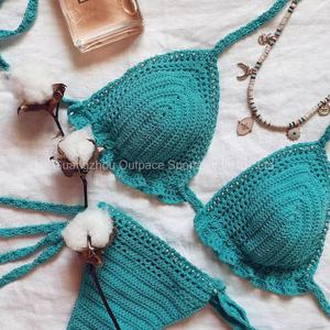 Traje de Baño de Dos Piezas OUTPACE Hecho a Mano en Spandex/Nylon, Bikini de Crochet de Color Sólido para Mujer, Talla Grande, en Oferta - Product Image 3