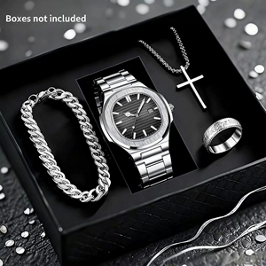 Men's 4PCS <strong>Watch</strong> Set Fashion Casual Black Resin Quartz <strong>Watch</strong> Free Necklace Bracelet <strong>Rings</strong> - Product Image 3