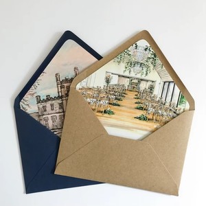 Ensemble d'enveloppes de mariage de luxe bleu marine en kraft avec doublure intérieure motif château manoir aquarelle et impression personnalisée - Product Image 1