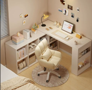 Moderno ahorro de espacio organizado versátil <span class=keywords><strong>blanco</strong></span> en forma de L <span class=keywords><strong>Escritorio</strong></span> de esquina de <span class=keywords><strong>madera</strong></span> con almacenamiento abierto para oficinas en casa y dormitorios - Product Image 5