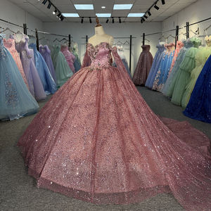 Vestido de Quinceañera Rosa de Gasa con Lentejuelas, Apliques de Encaje y Cuentas de Cristal para 15 Años, Modelo Dy9984 - Product Image 3