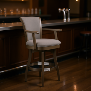 Tabouret de bar pivotant Williams, 31 pouces, structure en bois, accoudoirs en lin gris chiné, design contemporain, pour bar à domicile - Product Image 2