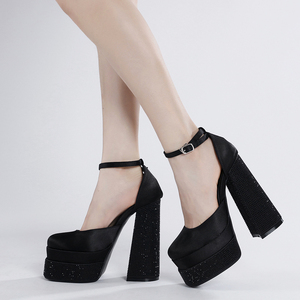 Escarpins à talons épais pour femmes avec strass et plate-forme en soie nouveau <span class=keywords><strong>d</strong></span>éfilé de mode <span class=keywords><strong>chaussures</strong></span> de soirée de <span class=keywords><strong>mariage</strong></span> <span class=keywords><strong>d</strong></span>'été - Product Image 4