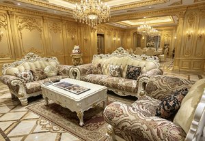 Sofá Seccional de Cuero para Sala de Estar, Estilo Aristocrático Francés, Vintage, Madera Maciza Tallada a Mano, Beige Dorado, 123 Plazas, para Villa - Product Image 4