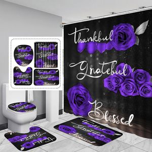 4Pcs Purple Rose Sets d'accessoires de salle de bain Thankful Grateful Blessed Bathroom Romantic Showy Floral Wedding Decor en stock - Product Image 1
