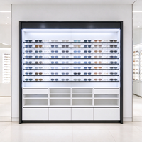 Comptoir îlot en verre noir pour magasin d'optique avec étagères lumineuses pour présentation de lunettes CE ETL