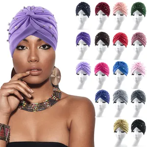 새로운 패션 여성 매듭 이슬람 아프리카 모자 전체 진주 머리띠 헤어 터번