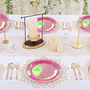 Assiettes en papier d'<span class=keywords><strong>anniversaire</strong></span> en gros, fournitures <span class=keywords><strong>de</strong></span> fête, serviettes en papier doux, ensembles <span class=keywords><strong>de</strong></span> vaisselle jetables en feuille holographique rose - Product Image 5