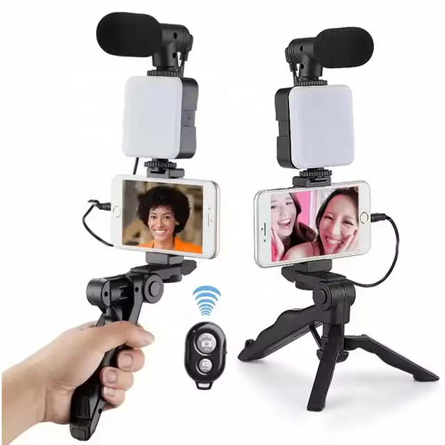 Live Streaming Fold Desktop Tripod Stand Selfie Stick with Fill Light Microphone Tripod Stand for Phone and Camera