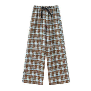 <strong>Women</strong> Plaid Bow Print Pajama Pants Cute High Waist Drawstring Lounge <strong>Trousers</strong> Brown Blue Checkered Sleepwear - Product Image 3