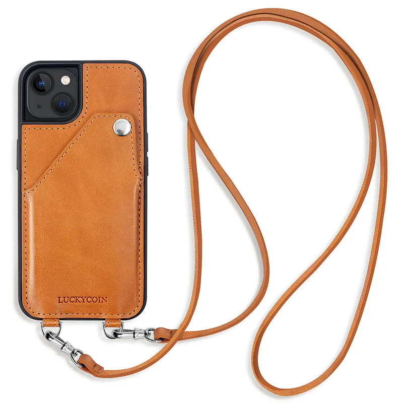 High Quality Shoulder Strap Cross Body Genuine Leather Lanyard Phone Case With Card Holder For Iphone 13