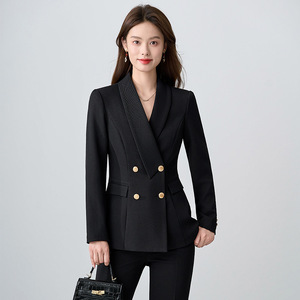 Women's Navy Blue Business Suit Set Double Breasted Wool Blend Anti-Wrinkle Office Lady Autumn Formal Wear - Product Image 3