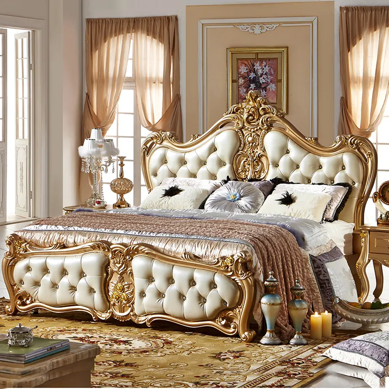 De lujo de diseño europeo tapizado de cuero de madera de rey tamaño cama