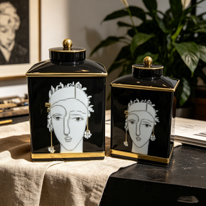 Ensemble de pots en céramique noirs et dorés avec art stylisé représentant un <span class=keywords><strong>visage</strong></span> de déesse grecque - Product Image 3
