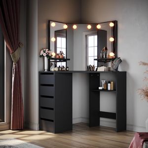 <span class=keywords><strong>Coiffeuse</strong></span> <span class=keywords><strong>d</strong></span>'<span class=keywords><strong>Angle</strong></span> Noire <span class=keywords><strong>avec</strong></span> Lumières LED, <span class=keywords><strong>Miroir</strong></span> à 3 Angles et 5 Tiroirs, Grande Table de Vanité pour Filles - Product Image 1