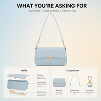 Tas Selempang PU Warna Biru Muda Solid dengan Tutup Lipat, Kancing Tekan, Aksesoris Emas, Sudut Bulat, Tas Tangan Terstruktur, Fashion Musim Dingin Gugur