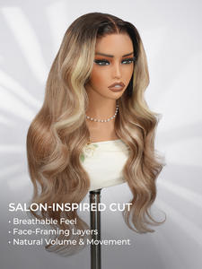 Layered <span class=keywords><strong>Caramel</strong></span> Highlights Perruques de cheveux bruns Loose Body Wave 13x6 Raw Indian Lace Frontal <span class=keywords><strong>Caramel</strong></span> Blonde Perruques de cheveux humains - Product Image 4