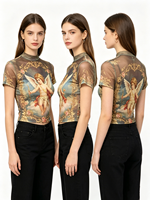 Haut court d'été pour femme, débardeur tricoté imprimé en organza transparent, col sexy, chemisier ajusté à manches courtes