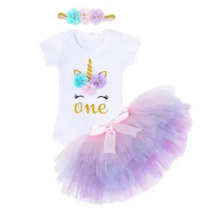 Lyc-4115 heißer Verkauf niedlichen Rock kurz ärmel igen Einhorn 1. Geburtstag Stram pler Baby Mädchen Tutu Kleid