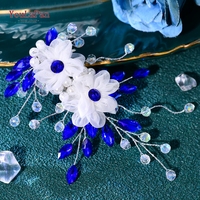 YouLaPan Jepit Rambut Bunga Berlian Imitasi Biru Jepit Rambut Pengantin Kristal Tenun Tangan Aksesori Rambut Pernikahan untuk Pemotretan Pesta