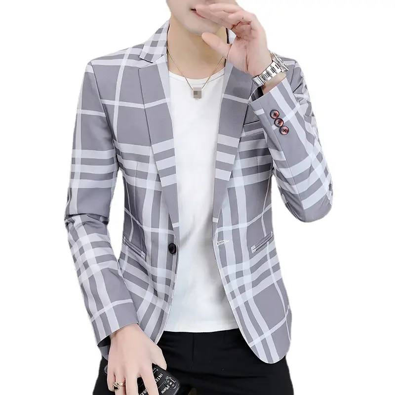 Wholesale Men's British Style Slim Fit Suit Casual Plaid Blazer Men Single Breasted Polyester Fabric Blazer Jackets