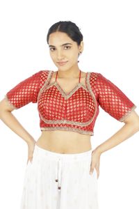 <b>Red</b> Embroidered 100% <b>Silk</b> Crop <b>Top</b> Ethnic Blouse with Dot Pattern Woven Loose Fit for Women Wedding Festival Wear - Product Image 3