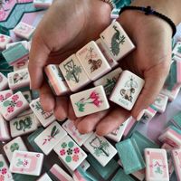 Ubin Mahjong Akrilik Berlapis Kustom Modern Tema Botani Kaktus Hijau Mint Pink Ramah Lingkungan Mewah untuk 4 Pemain