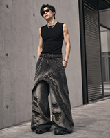 Pantalon en jean superposé DiZNEW pour homme, coupe ample, déchiré, noir délavé, style gothique Darkwear, OEM
