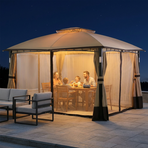Gazebo de jardin extérieur 11x13 pieds, toit ventilé à double niveau avec moustiquaire et rideaux d'intimité, pavillon de jardin en acier - Product Image 1