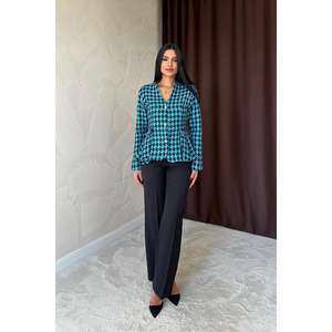 Blazer Azul con Diseño de Pata de Gallo y Lazo en la Espalda, Chaqueta de Mujer Tejida de Manga Larga - Product Image 5