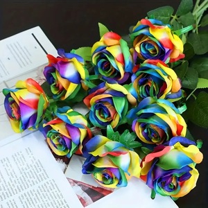ดอกกุหลาบแต่งงานวันวาเลนไทน์ - ดอกไม้ประดิษฐ์จากผ้าไหมสีรุ้งก้านยาวทำมือสำหรับวันครบรอบ - Product Image 4