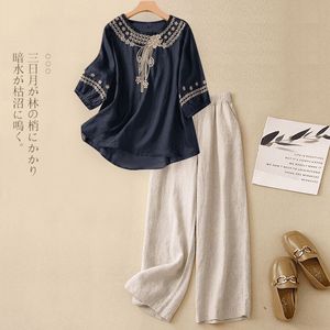 Ethnic Style Women's Two Piece Set Cotton Linen Top With Embroidery Wide Leg <b>Pants</b> Casual Breathable <b>Three</b> <b>Quarter</b> Sleeve - Product Image 3