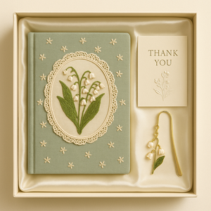 Carnet brodé Muguet A5 en tissu vert avec bordure en dentelle, motif floral vintage, idéal pour cadeau et écriture - Product Image 2