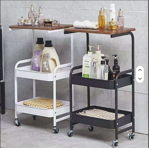 3-Tier Rolling <b>Cart</b> with Table Top Metal <b>Storage</b> <b>Cart</b> Utility Organizer with Wooden Tray Lockable Casters for salon beauty shop - Product Image 4