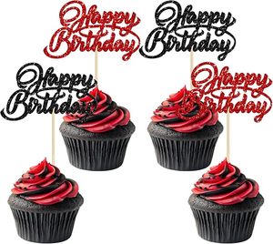 Décorations de cupcakes Joyeux Anniversaire à paillettes, pics à cupcakes Joyeux Anniversaire, décorations de fête à thème Halloween et anniversaire, rouge et noir - Product Image 5