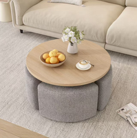 Ensemble de table basse ronde en bois Japandi avec 4 tabourets en tissu, style crème minimaliste, meubles multifonctionnels pour le salon