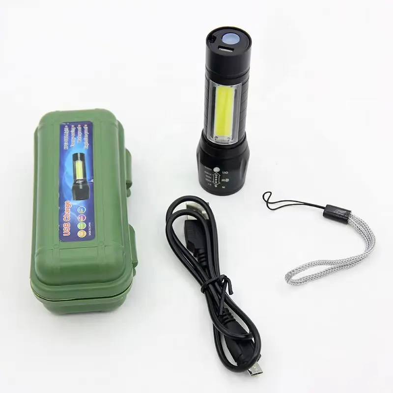 Small Portable Outdoor Camp 14500 Battery Zoom XPE COB LED Light Tactical USB Rechargeable Mini Flashlights with Green Gift Box