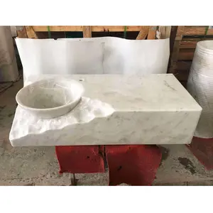 Integrated countertop Public area modern rectangular split carving natural stone white marble block sink