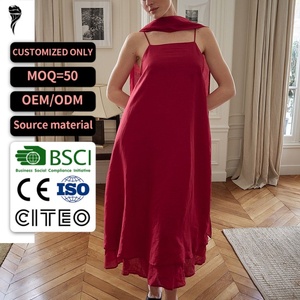 Vestido Midi de Lino Rojo para Mujer con Pañuelo a Juego, Nuevo Modelo 2026, Cuello Cuadrado, Corte Holgado, Vestido Formal, Servicio Personalizado OEM ODM - Product Image 1
