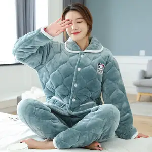 Winter Flanel Verdikte Pluche Drie-Layer Katoen Warm Huis Dragen Hoge Kwaliteit Lange Mouw Winter Pyjama Set Voor Vrouwen