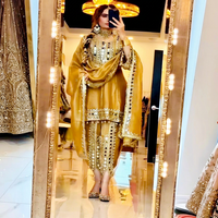 Ensemble de robe de mariée traditionnelle indienne et pakistanaise en soie brodée dorée pour femmes, coupe ample, longueur au sol ou à la cheville