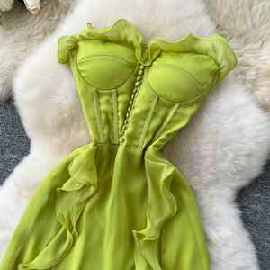 Vestido Midi Casual de Verano 2025 para Mujer, Sexy, sin Tirantes, con Abertura Asimétrica, Estilo Túnica, Ajustado, con Volantes y Encaje - Product Image 2