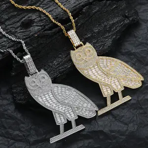 Custom Gold Silver Brass Zircon Hiphop Hip Hop Owl Charms Pave Diamond Iced Out Pendants Necklace For Men Women Couple