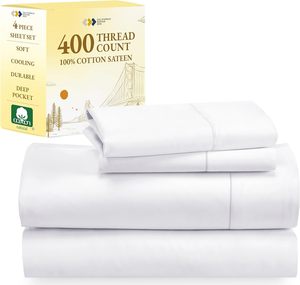 100% juego de cama queen de satén blanco de color sólido de algodón con sábanas refrescantes - Product Image 1