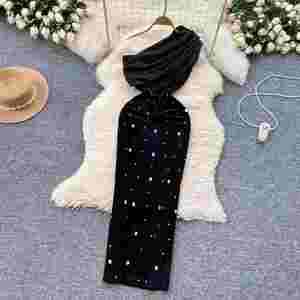 Vestido Maxi Elegante de Verano para Mujer, de un Solo Hombro, sin Mangas, con Corte Imperio, Patchwork de Encaje Tejido Transpirable, Negro - Product Image 1