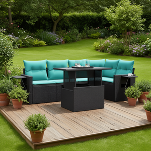 6 Piece Black Poly <b>Rattan</b> Garden <b>Sofa</b> Set With Cushions Outdoor Furniture Contemporary Design - Product Image 2