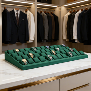 Ensemble de présentoirs de luxe en microfibre verte avec logo personnalisé pour montres et bijoux, support de présentation pour bracelets et montres - Product Image 2